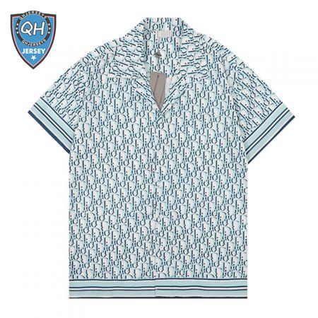 Dior Homme Blue And White Colorblock Print Men's Short-Sleeved Shirt