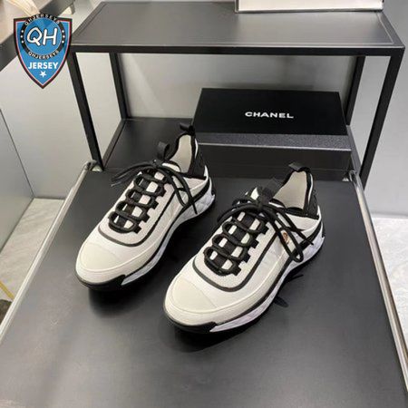 Chanel Suede Trainer White Black With Gold Logo