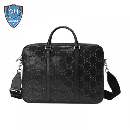 Gucci GG Embossed Briefcase Black Leather Cotton Linen Lining - GBC005