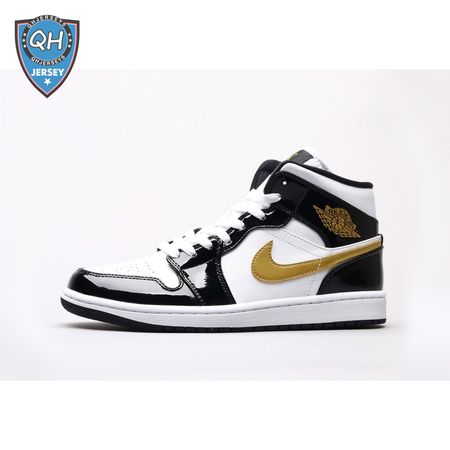 Air Jordan 1 Mid Patent Black White Gold Unisex