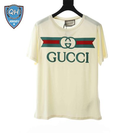 GUCCI EMBROIDERED BELT LOGO SHORT SLEEVE WHITE T SHIRT