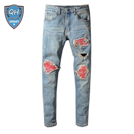 Amiri Bandanna Rip Jeans Light Blue /Red