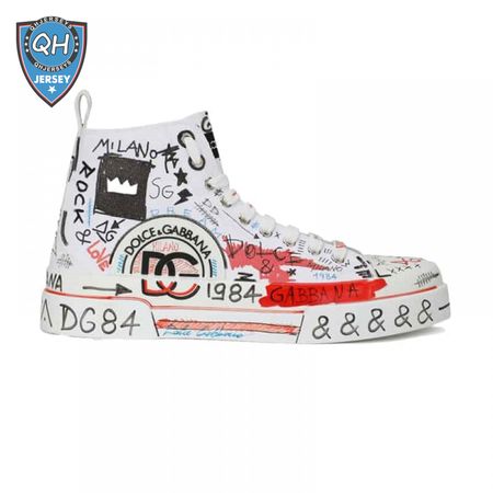 DOLCE AND GABBANA HAND-PAINTED GRAFFITI CANVAS PORTOFINO LIGHT MID-TOP SNEAKERS - DG111