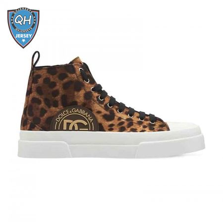 DOLCE AND GABBANA COTTON DRILL PORTOFINO LIGHT MID-TOP SNEAKERS WITH LEOPARD PRINT - DG110